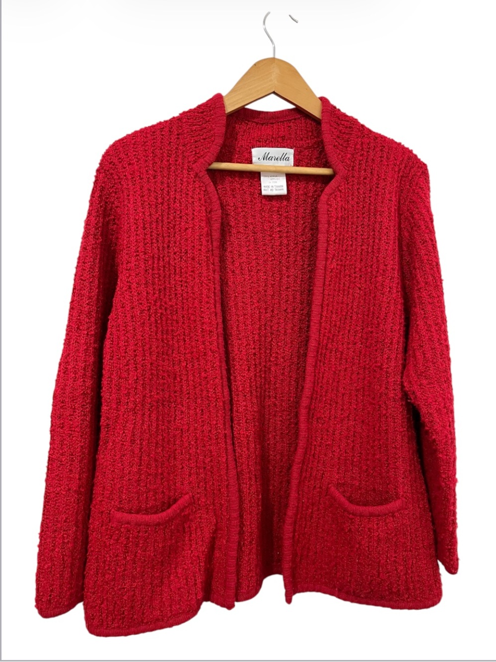 Vintage Marella Open-Front Textured Knit Cardigan - Red With Front Pockets